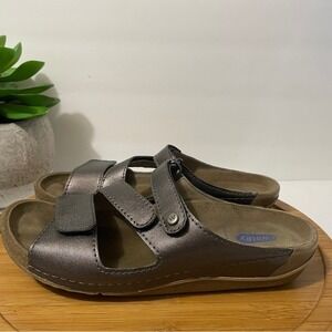 Wolky Jasper Pewter Faux Leather Mary Jane Sandal Women 9 Metallic Comfort Slide